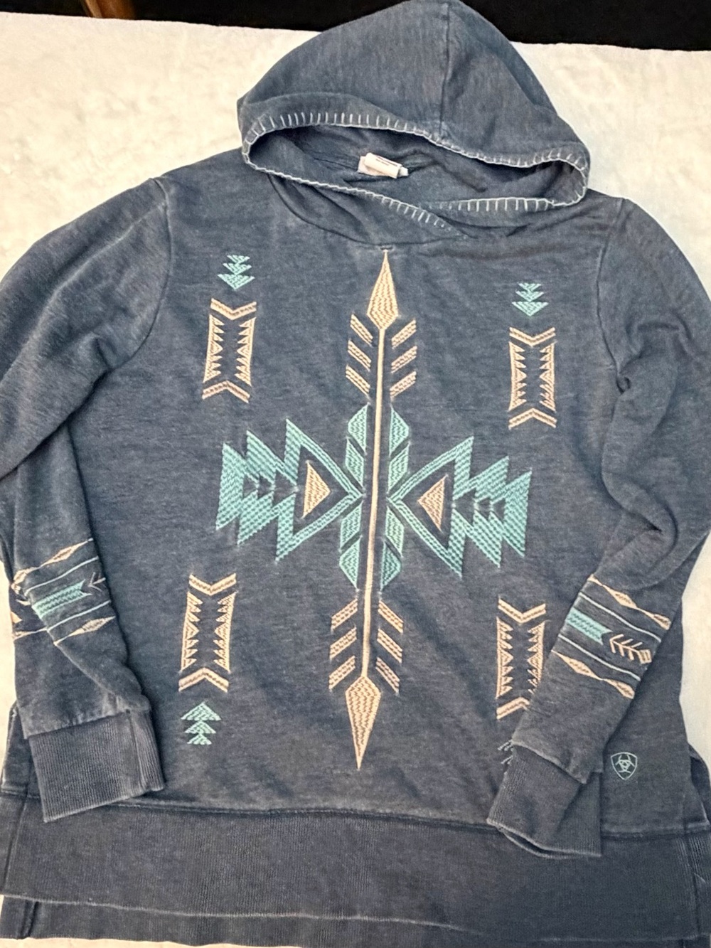 Ariat Slate Blue Hooded Sweater with Mint and Tan Aztec Motif